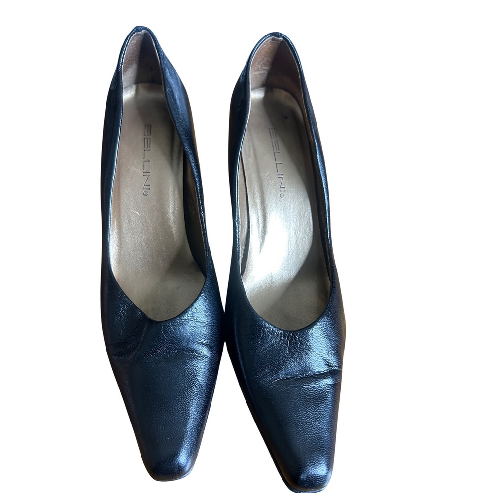 Bellini Rosa vintage Pumps Women 8M‎ Black Leather Pointed Toe Block herl